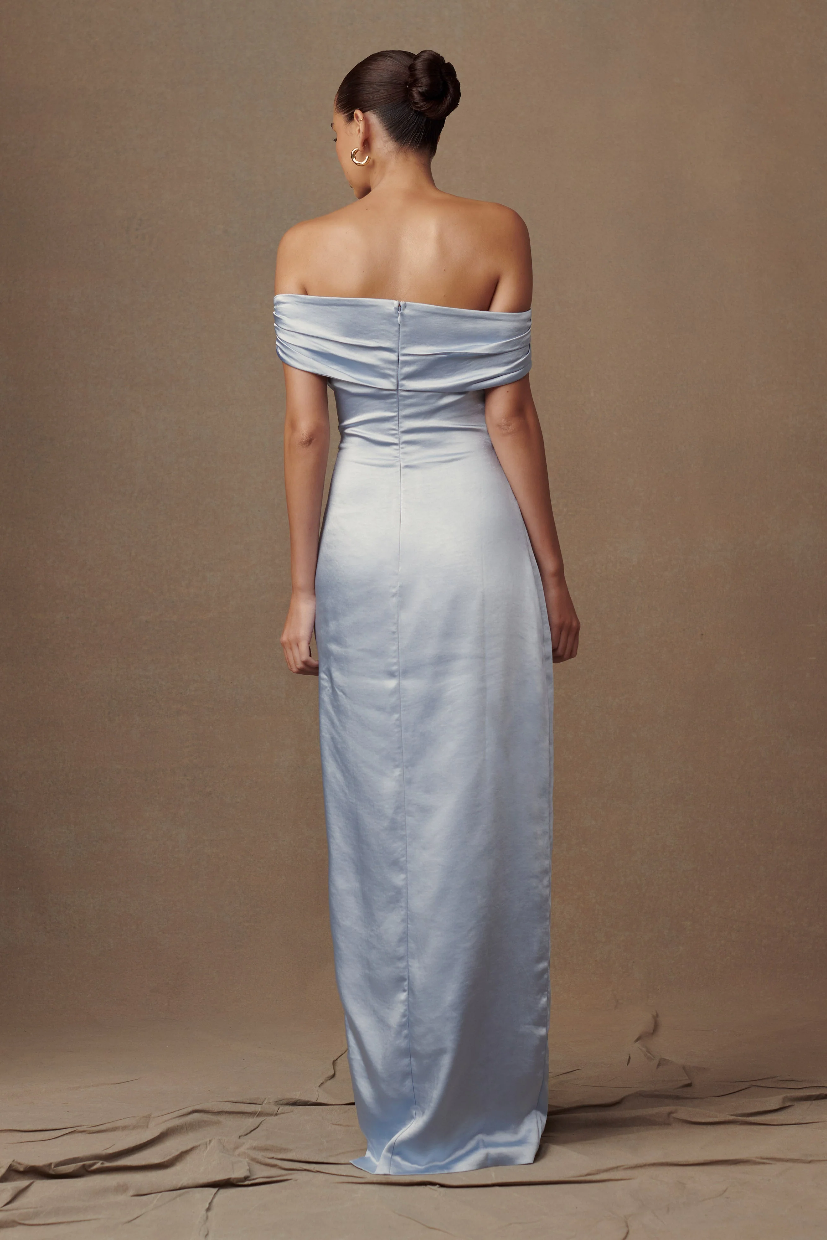 MESHKI Harley Off Shoulder Satin Maxi Dress - Cornflower Blue