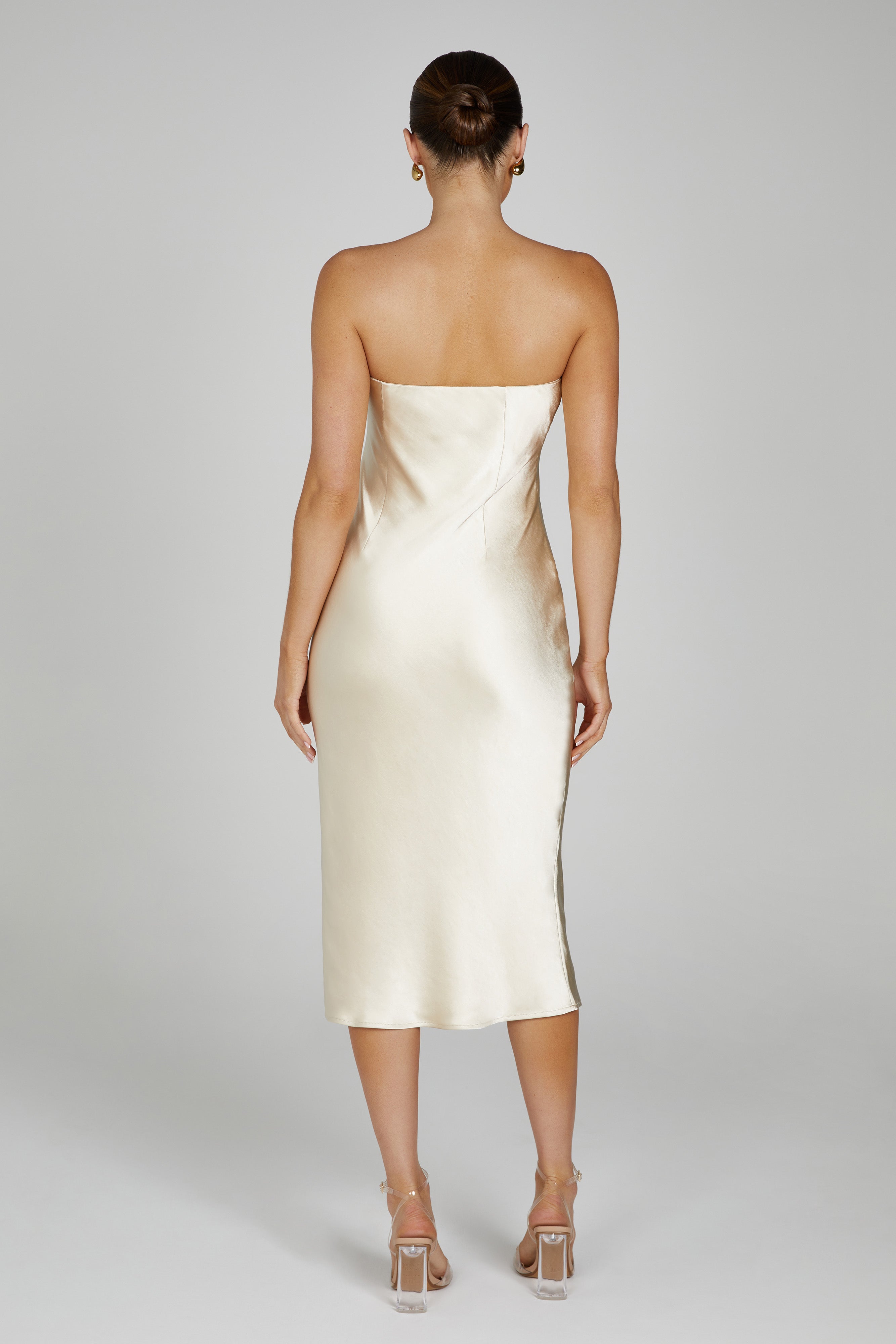 MESHKI Tyler Strapless Satin Midi Dress - Gold