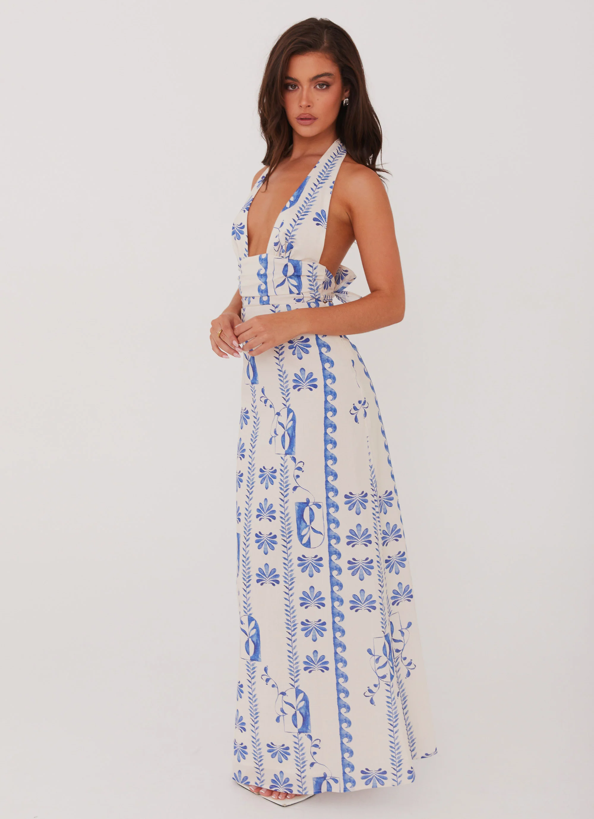 MESHKI Sky Linen Maxi Dress - Floral Wave