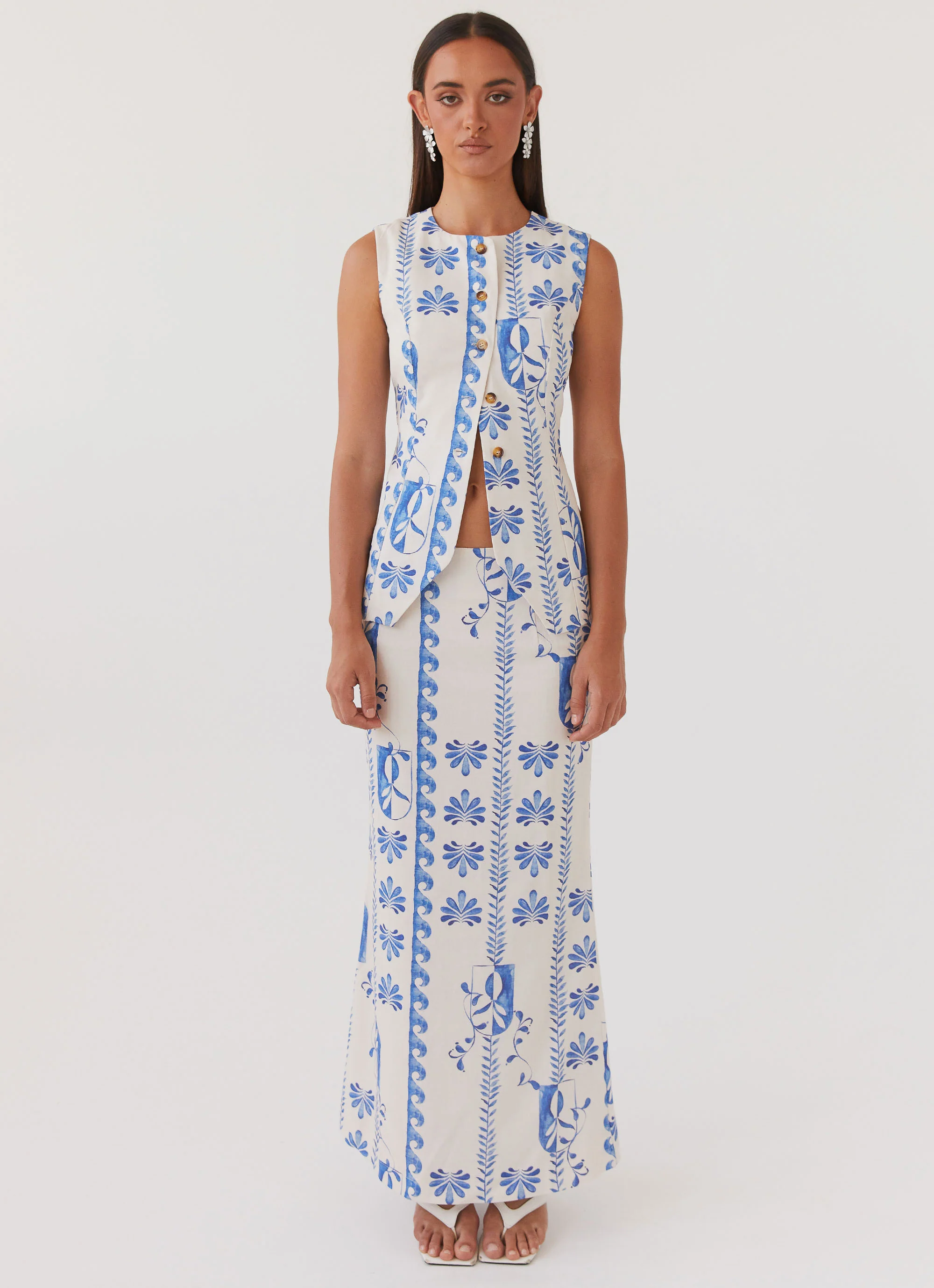 MESHKI Born For Bordeaux Linen Midi Skirt - Floral Wave