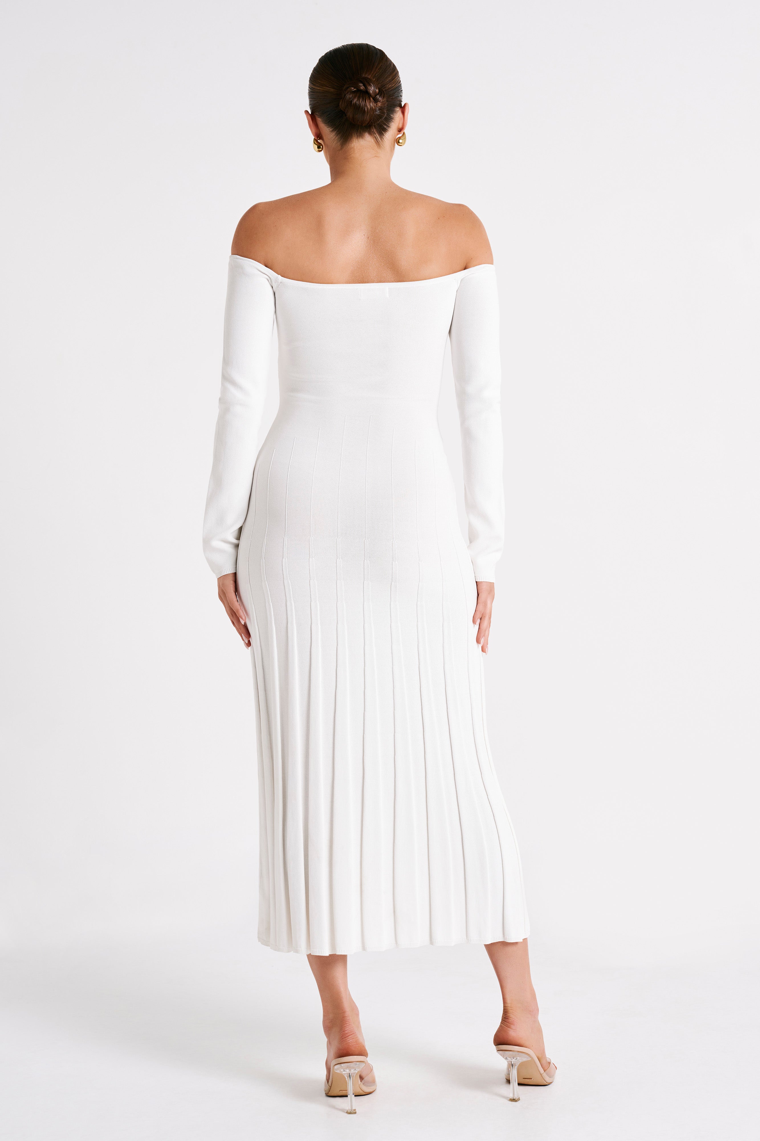 MESHKI Emmeline Long Sleeve Rib Knit Midi Dress - White