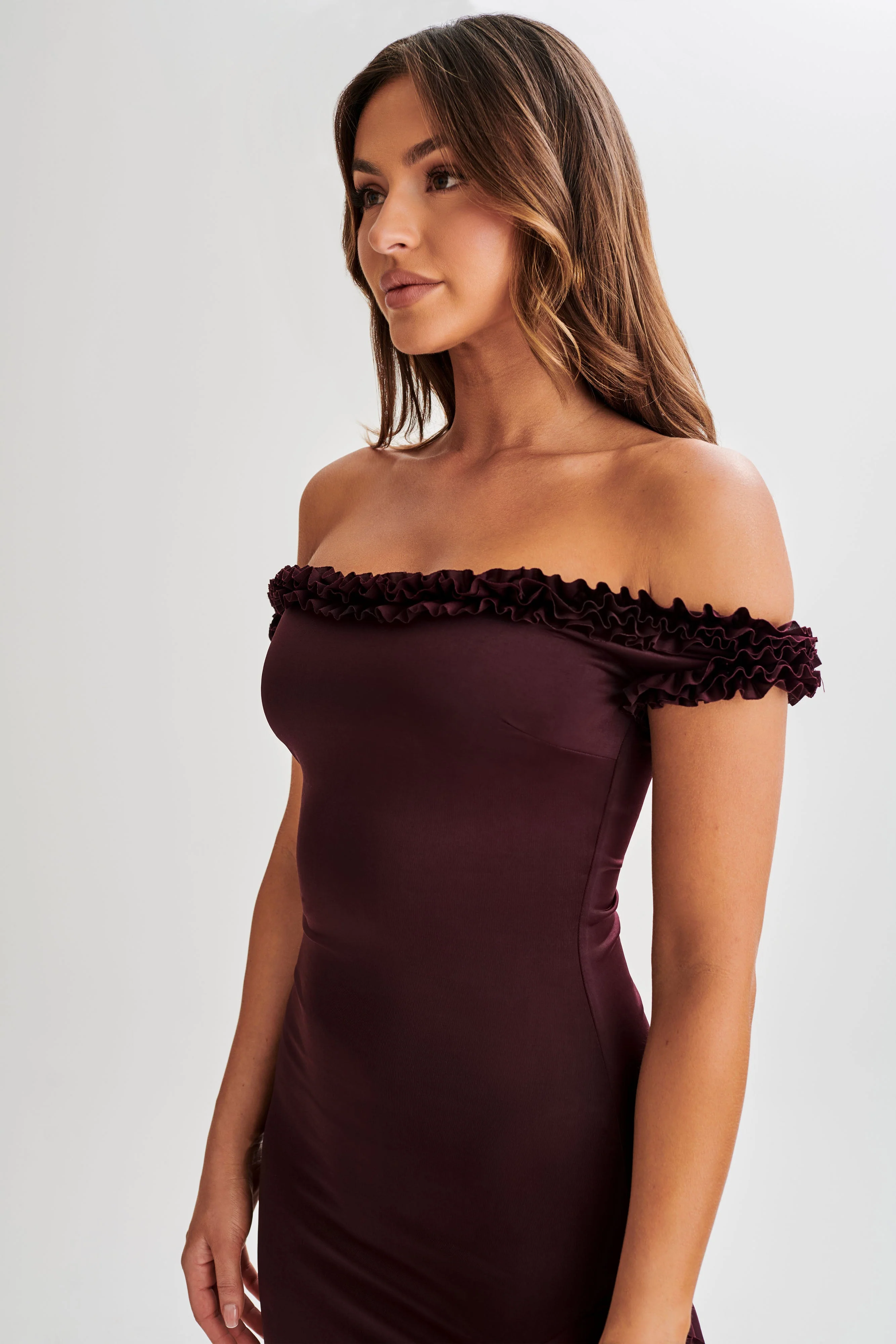 MESHKI Arielle Off Shoulder Ruffle Midi Dress - Plum