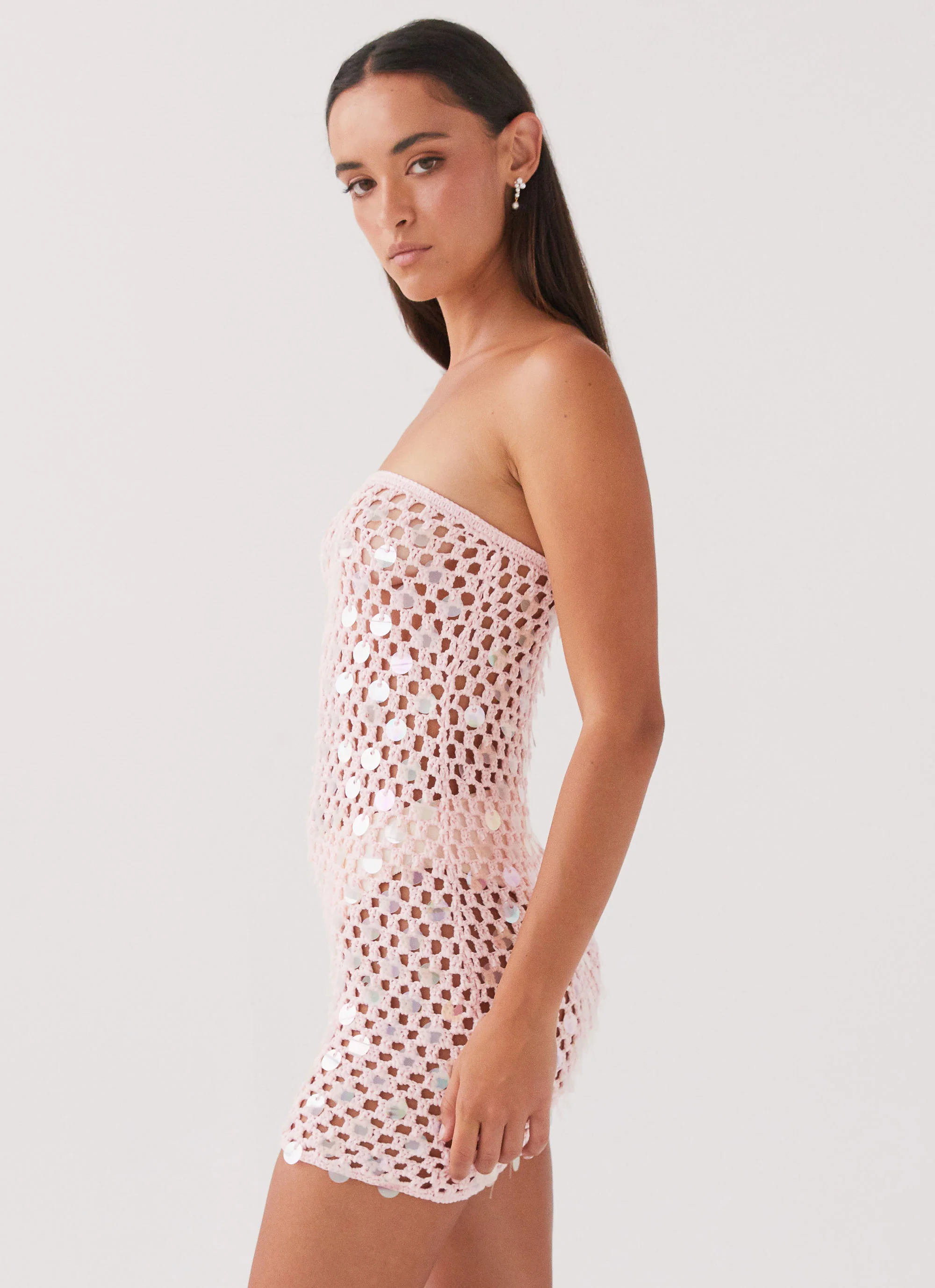MESHKI Montana Sequin Crochet Mini Dress - Pink